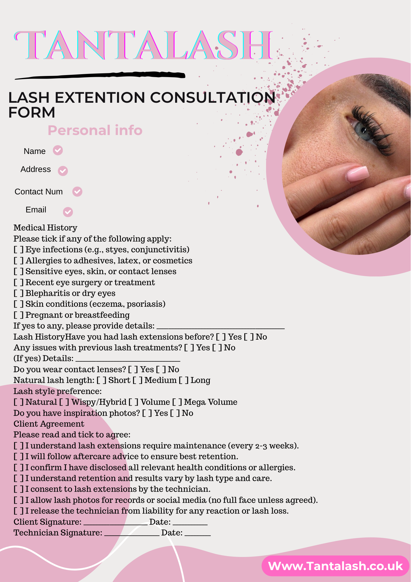 Client Consultation lash lift/tint form