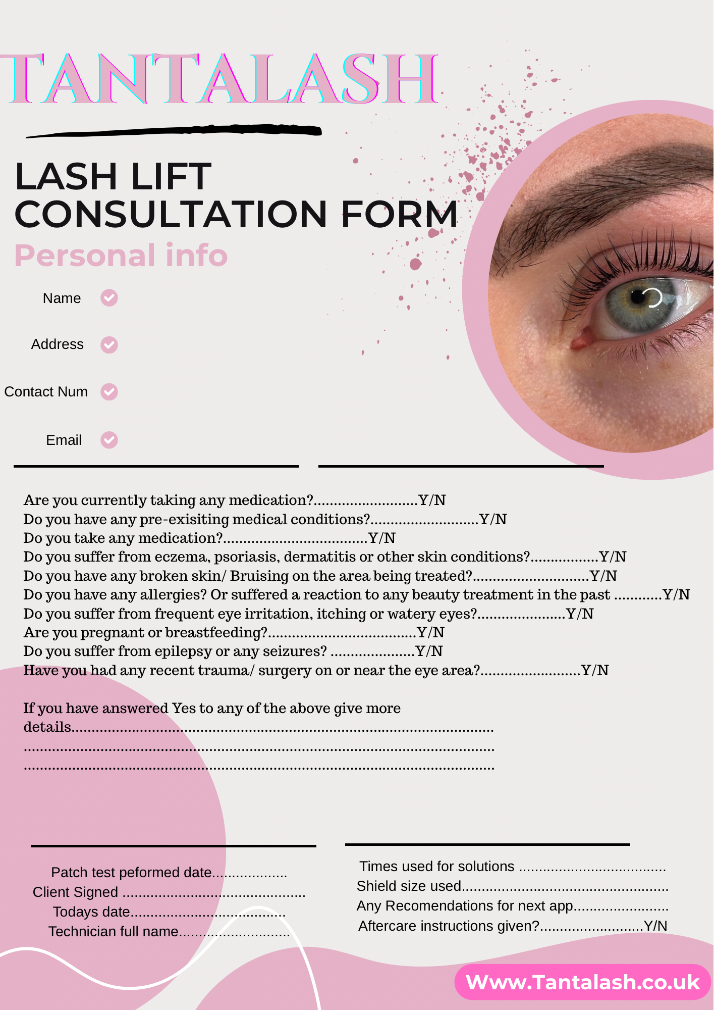 Client Consultation lash lift/tint form